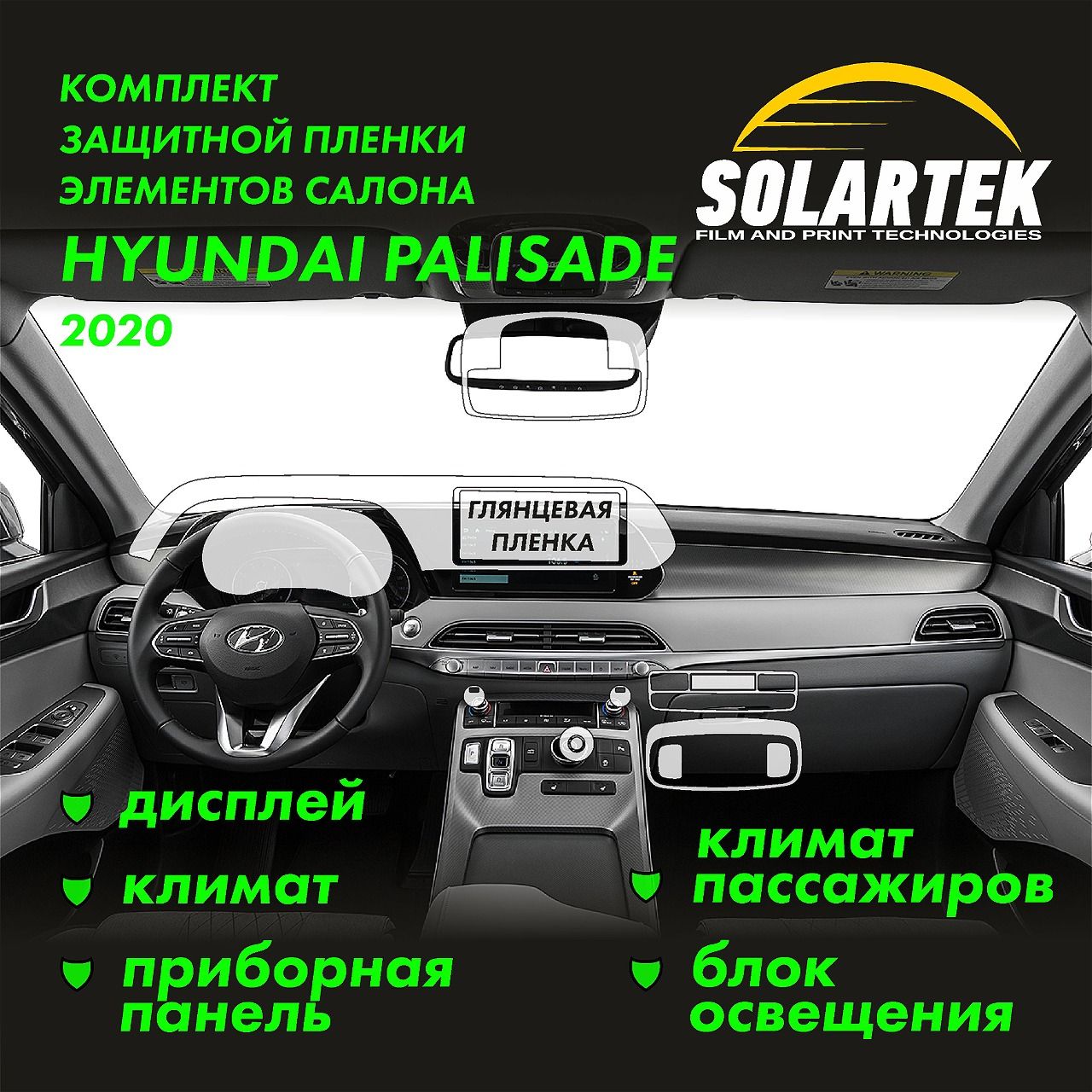 HYUNDAI PALISADE 2020 Комплект защитных глянцевых пленок на дисплей 10,9 дюйма, климат, приборную панель, блок освещения и климат пассажиров