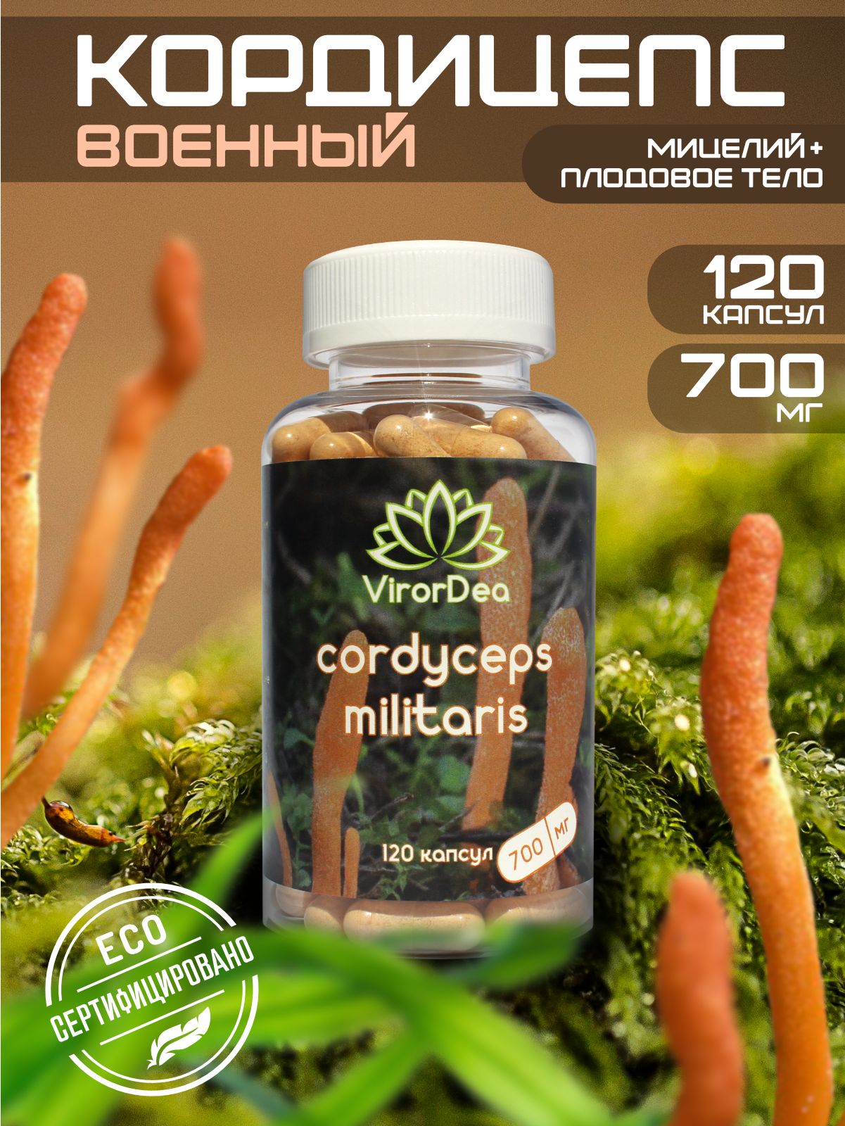 Кордицепсвоенный(Cordycepsmilitaris)Дляиммуномодуляции,энергии,либидо.700мгх120капсул