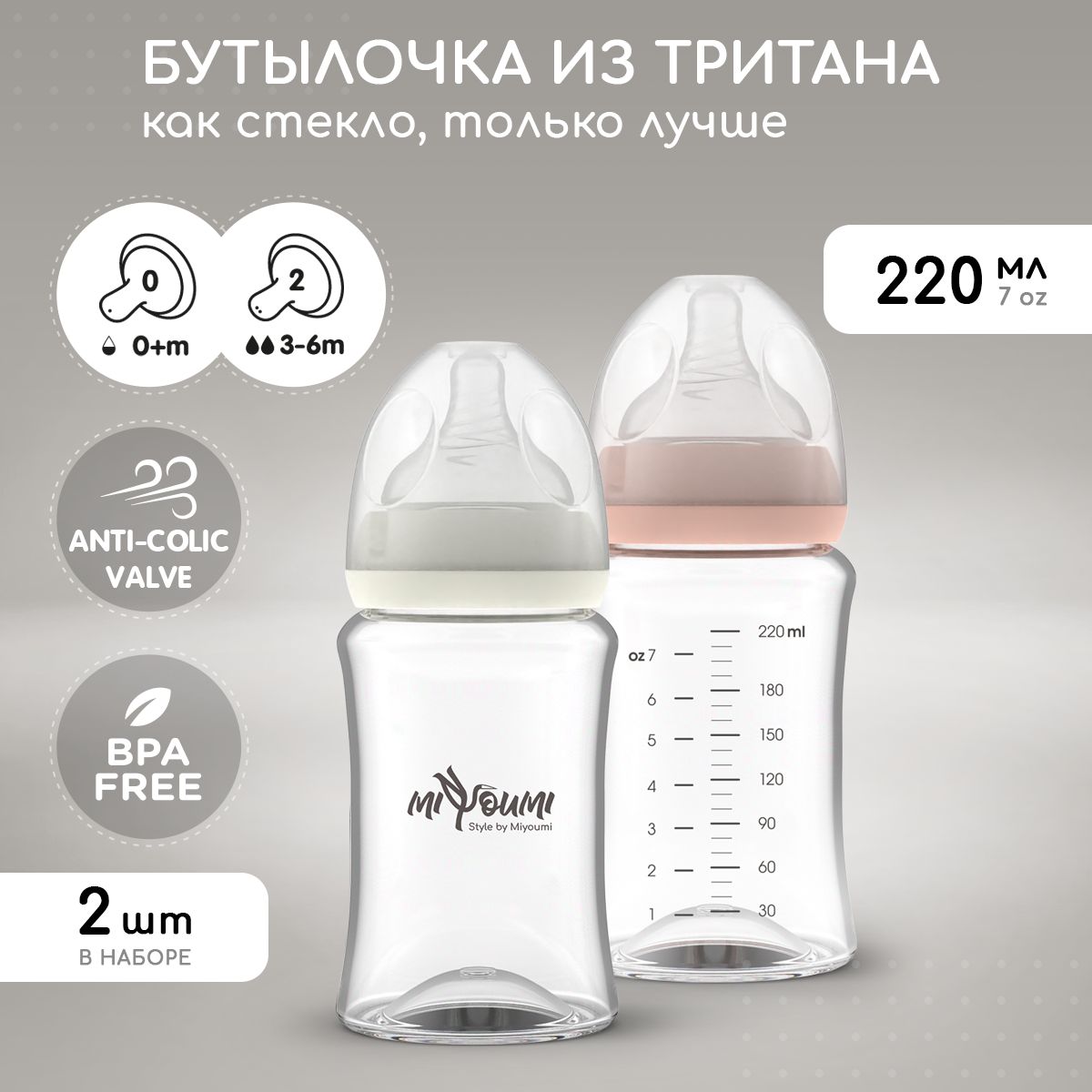 Бутылочка для кормления Miyoumi 220мл, антиколиковая 2шт