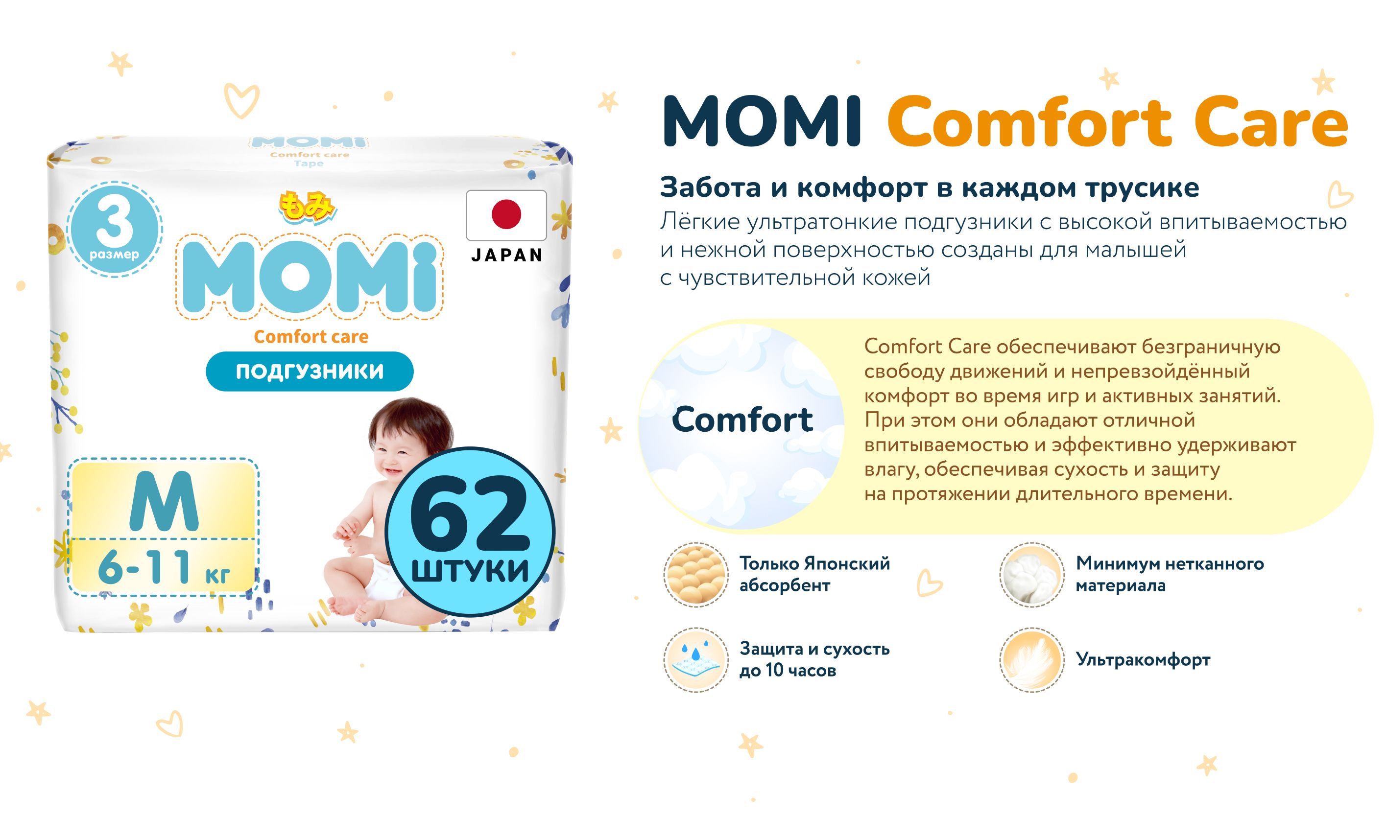 Momi Подгузники детские 6-11 кг размер 3 M 72шт Comfort Care MEGA pack(图2)