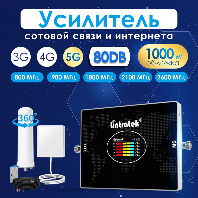 Усилитель сотовой связи Репитер LTE 2G,3G,4G,5G, 800+900+1800+2100+2600 МГц, до 1000 кв.м.