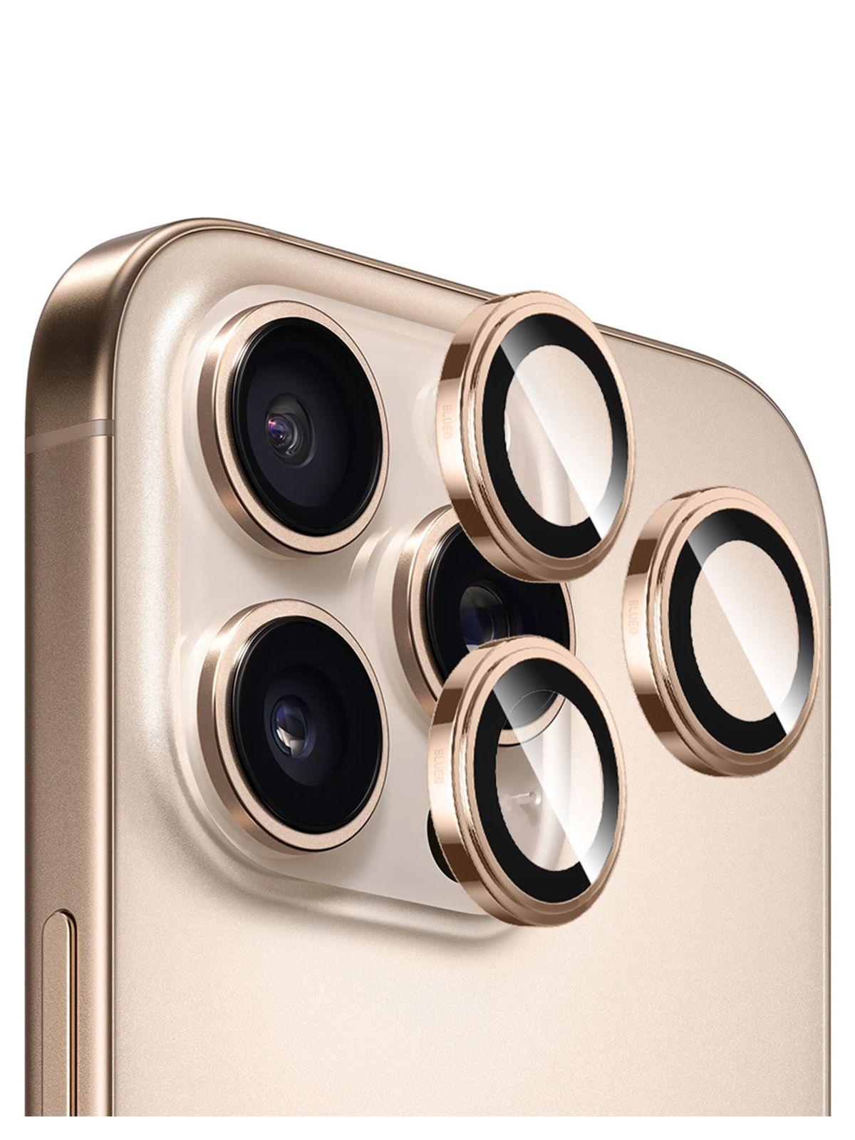 СапфировоестеклоBlueOCameralensSAPPHIREнакамеруAppleiPhone16Pro/16ProMaxcметаллическойкромкой,саппликаторомдляустановки,3шт,золотойтитан
