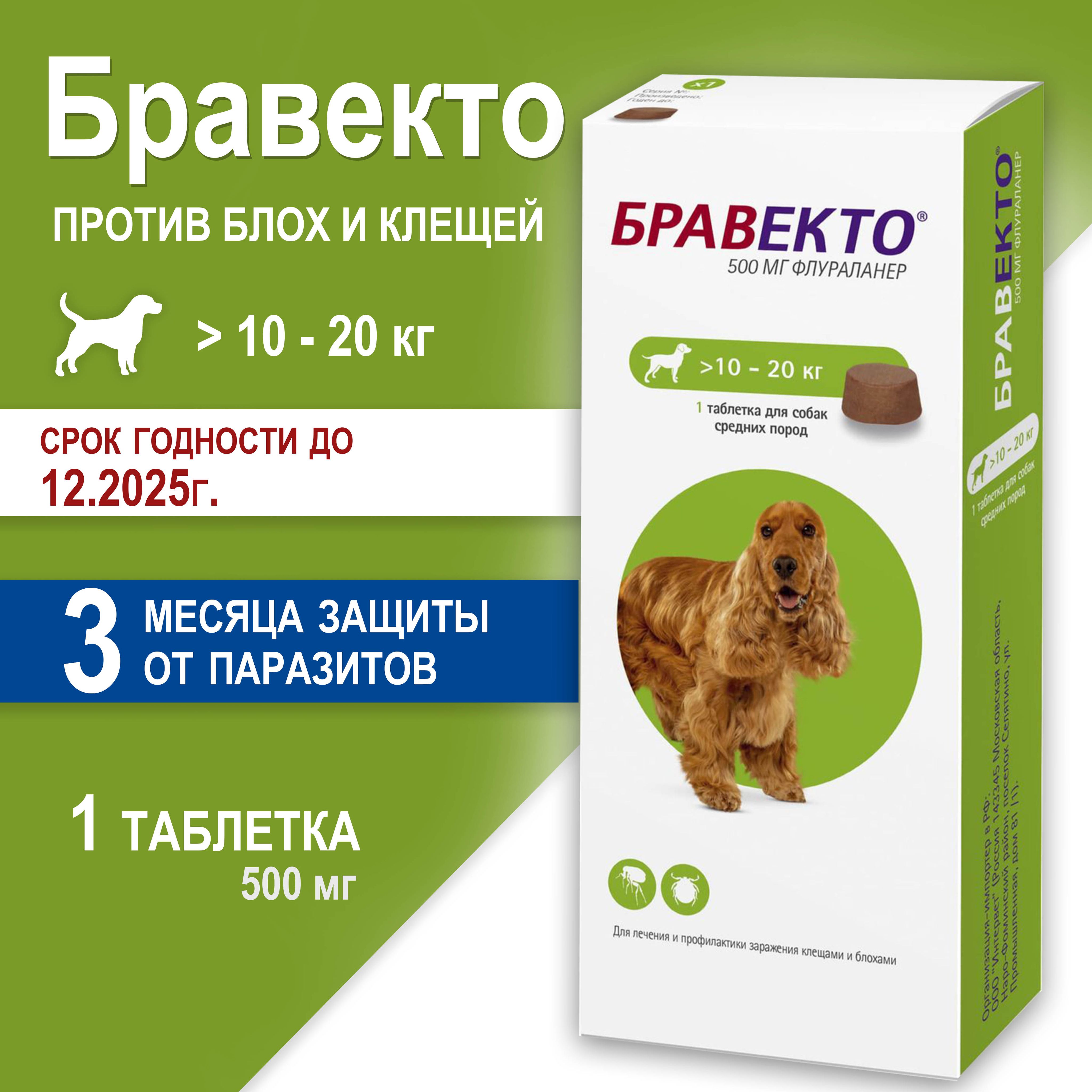 Бравекто таблетка для собак жевательная против блох и клещей 500 мг, весом 10-20 кг, 1 ТАБЛЕТКА