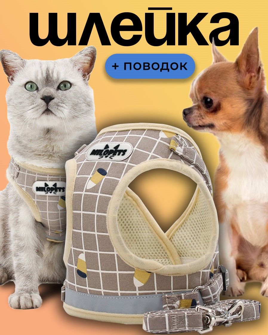 Шлейка для собак мелких средних пород и кошек MiloPets, с поводком, цвет бежевый