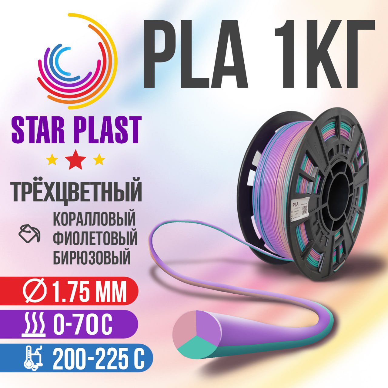 ТрехцветныйPLA-пластикдля3d-принтера,"StarPlast",1,75мм,1кг,накатушке