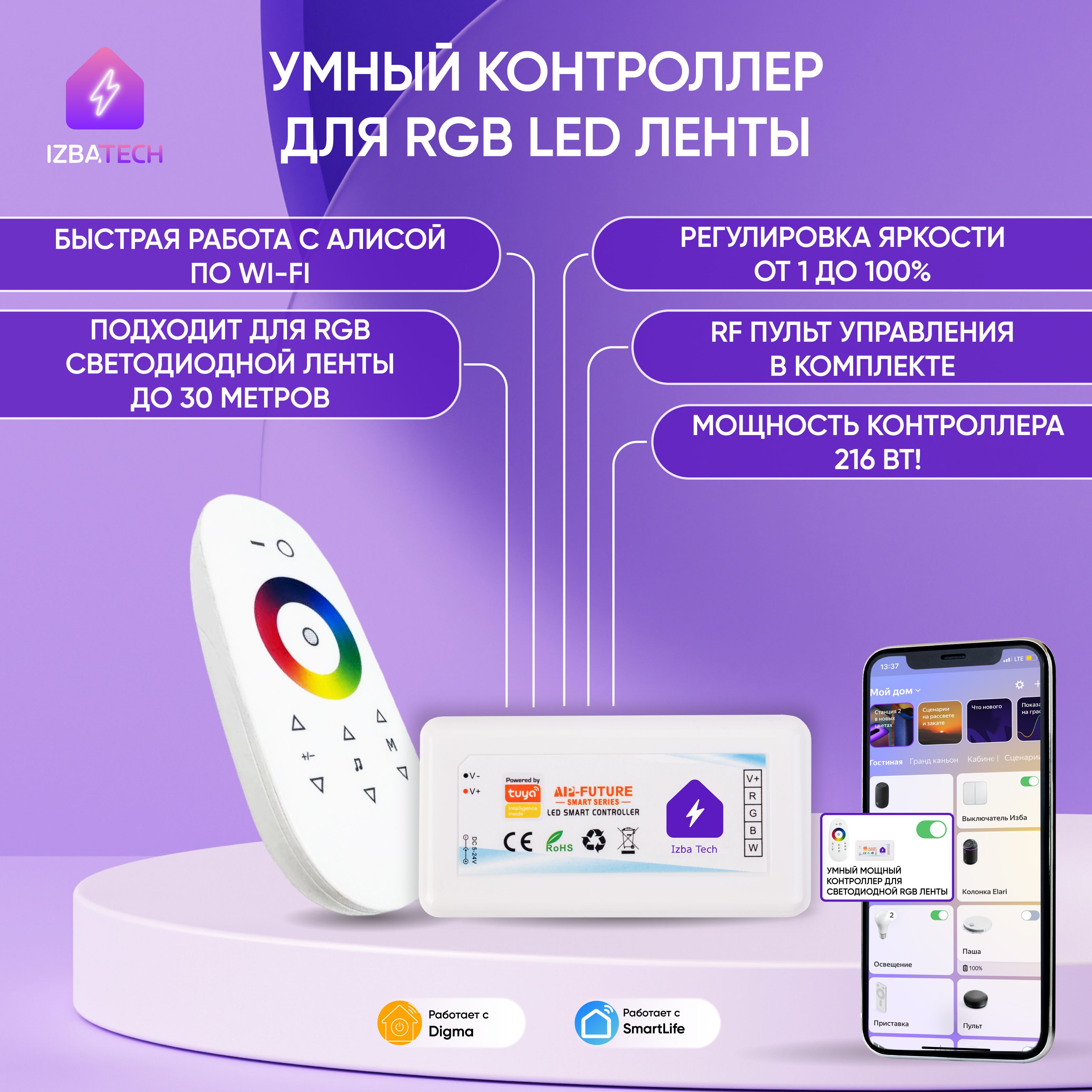 Умный мощный WIFI Led контроллер для RGB светодиодной ленты с Алисой