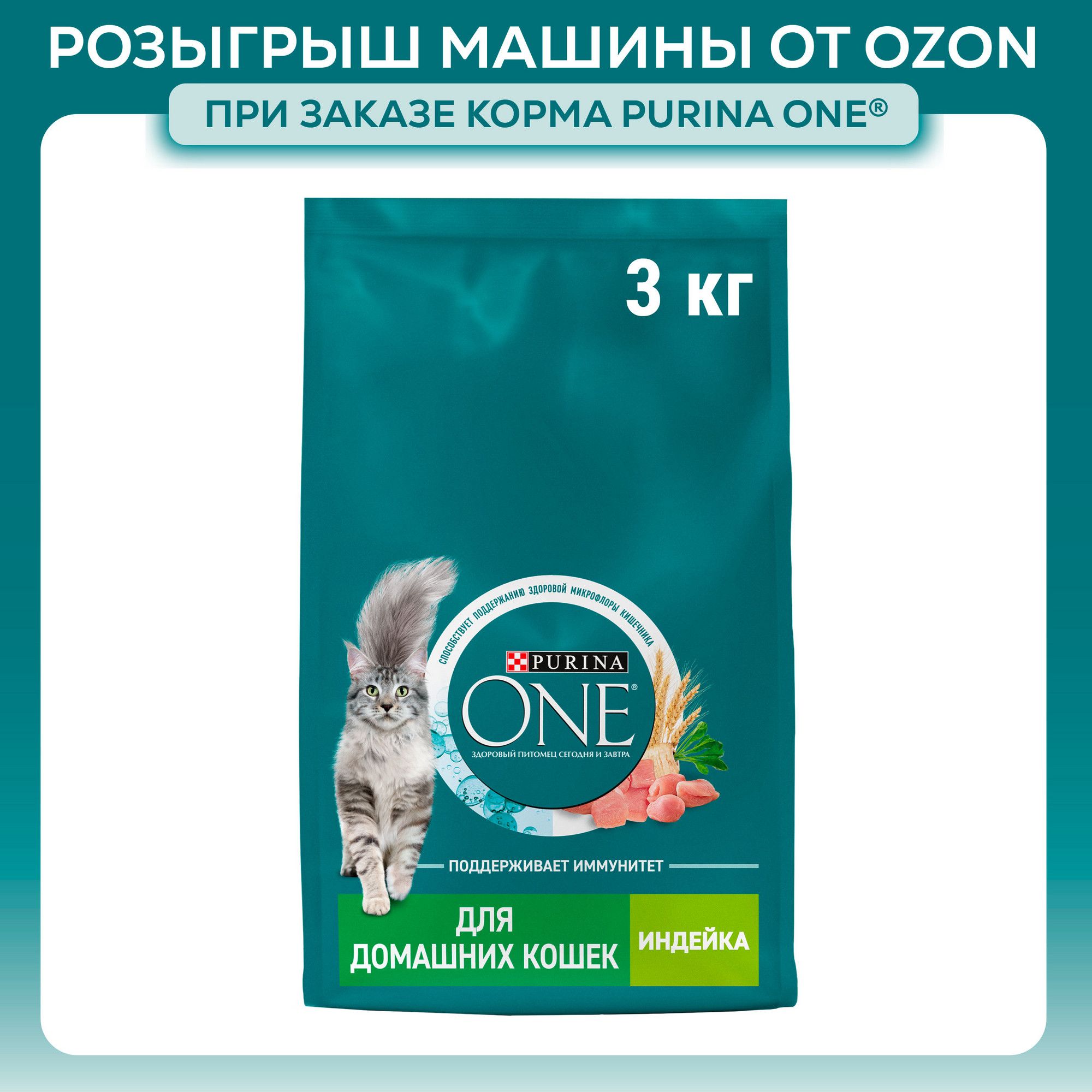 Сухой корм для кошек Purina ONE при домашнем образе жизни, с индейкой и цельными злаками, 3 кг