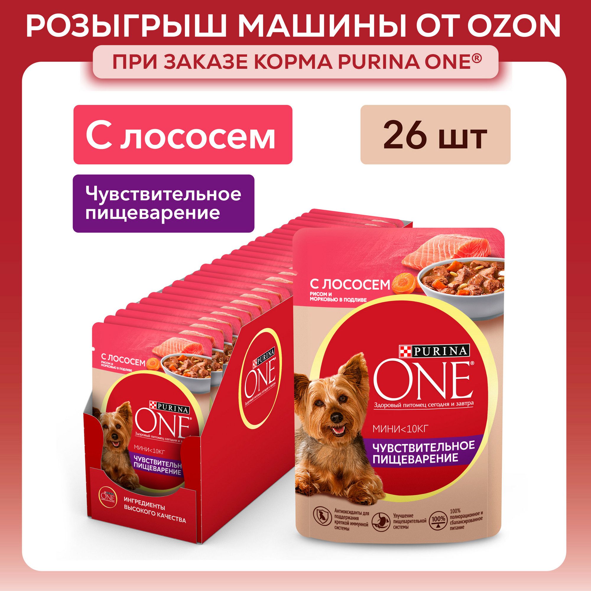 Влажный корм для собак Purina ONE МИНИ для мелких пород при чувствительном пищеварении, в подливе с лососем, рисом и морковью, 85 г x 26 шт