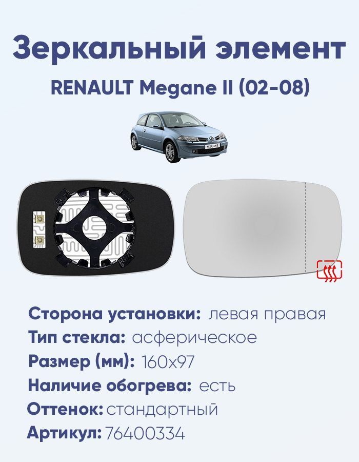 Зеркальный элемент основной RENAULT Megane II (02-08) асферика нейтральный с обогревом