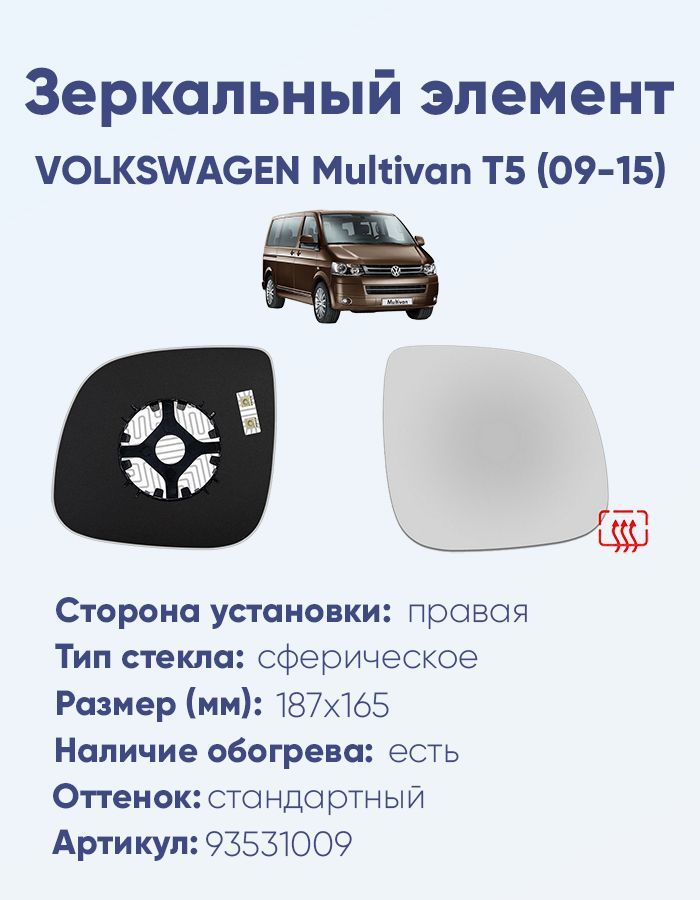 Зеркальный элемент правый VOLKSWAGEN Multivan T5 (09-15) сфера нейтральный с обогревом