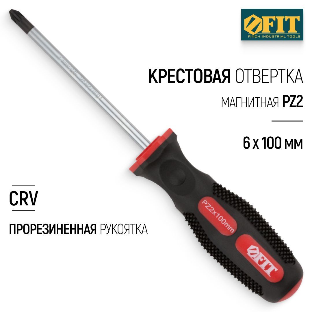 FIT Отвертка 6 х 100 мм крестовая РZ2 CrV сталь, магнитный наконечник, прорезиненная ручка, профессиональная