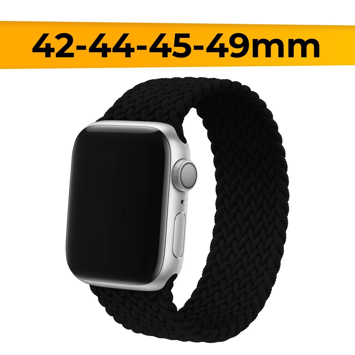 Тканевый ремешок для 42-44-45-49 mm для Apple Watch series 1-9 SE, SE 2, Ultra и Ultra 2 / Эластичный плетеный монобраслет / Сменный браслет для часов, 15,5 см / Черный