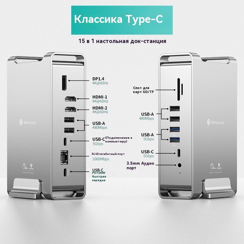 USB-концентратор 15-в-1 YOTTAMASTER Type-C DP HDMI USB-A RJ45 3,5 мм SD/TF