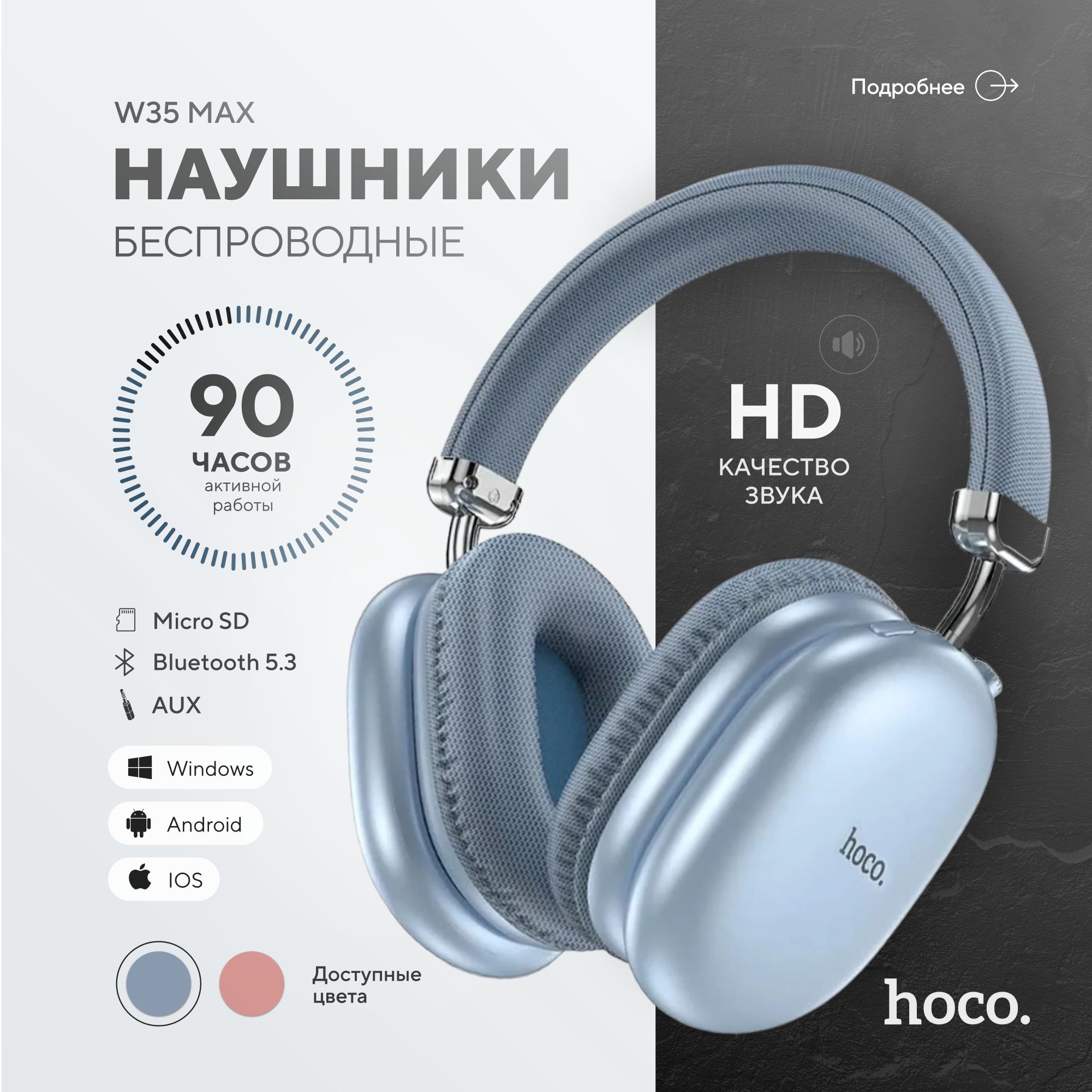 НаушникибеспроводныебольшиеHocoW35Max,синие