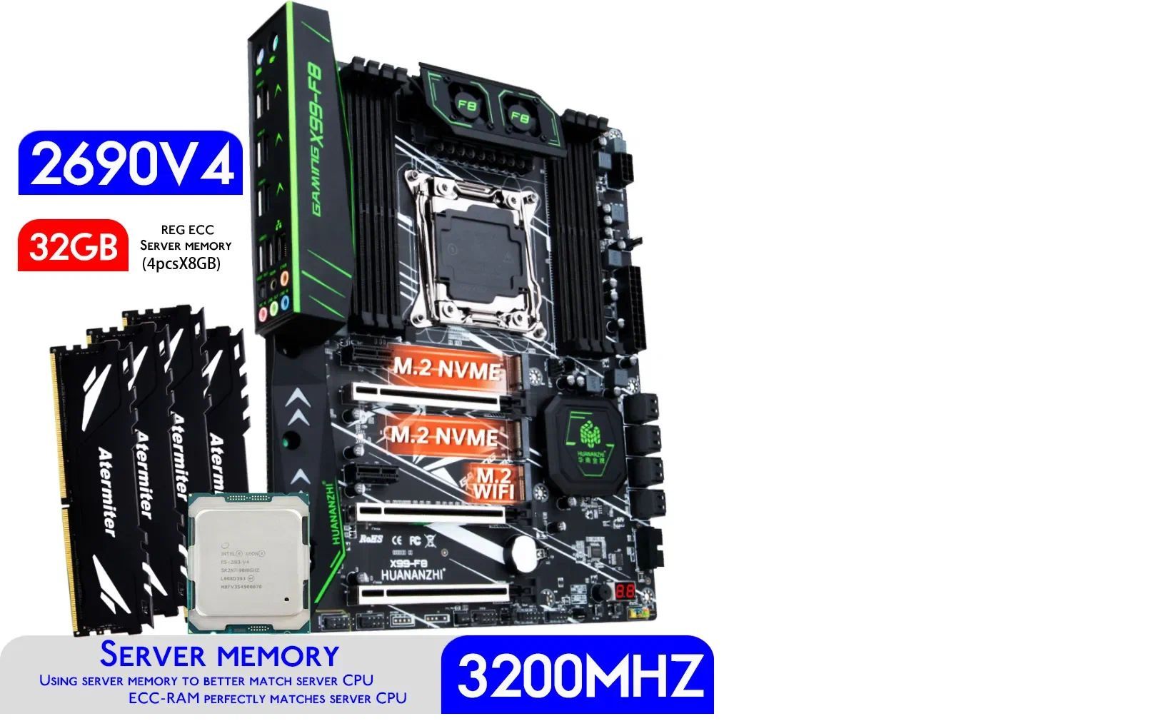 HUANANZHI Материнская плата F8 X99+XEON E5-2690v.4+DDR4 32GB 4x8GB