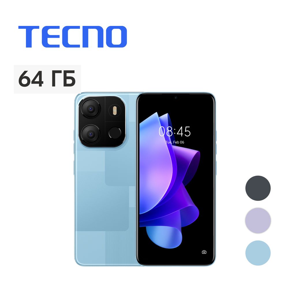 TecnoСмартфонPOP7+SIM-картаМегаФон2/64ГБ,голубой