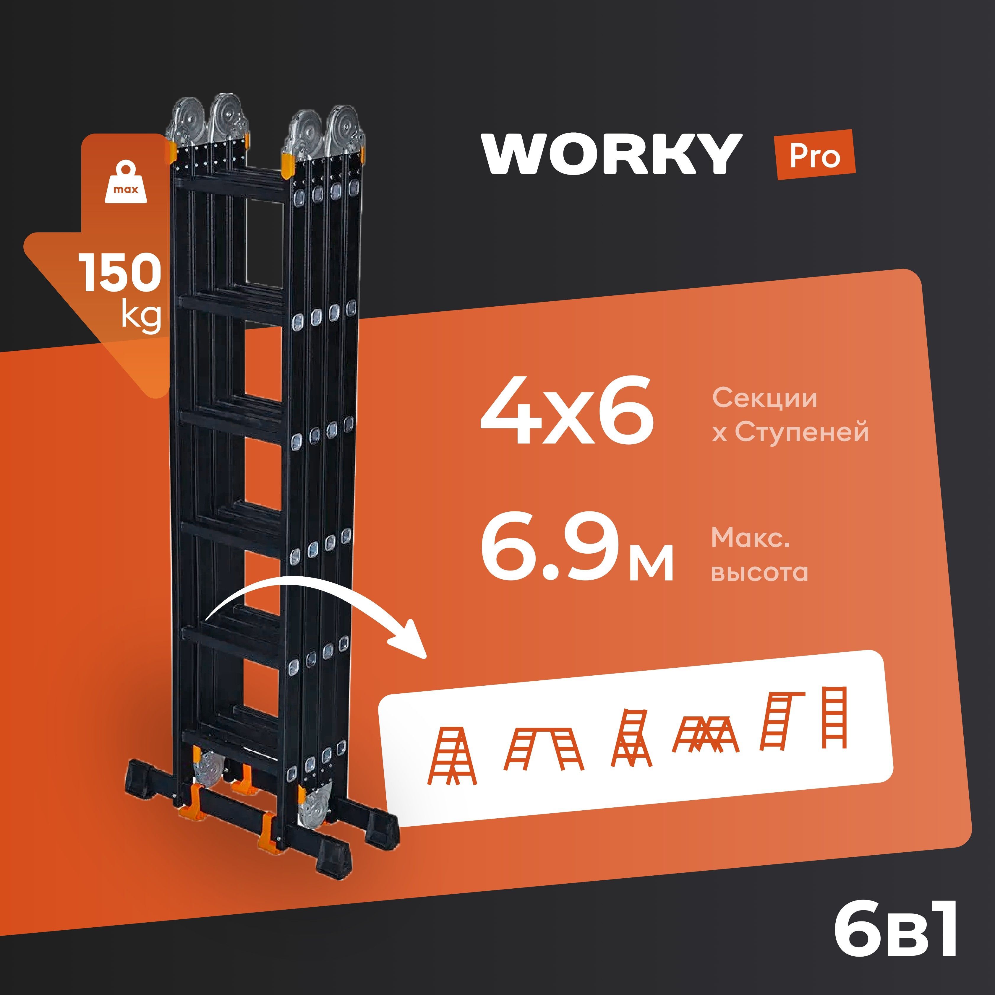 Лестница-стремянка 4x6 трансформер WORKY Pro, высота 6,9м