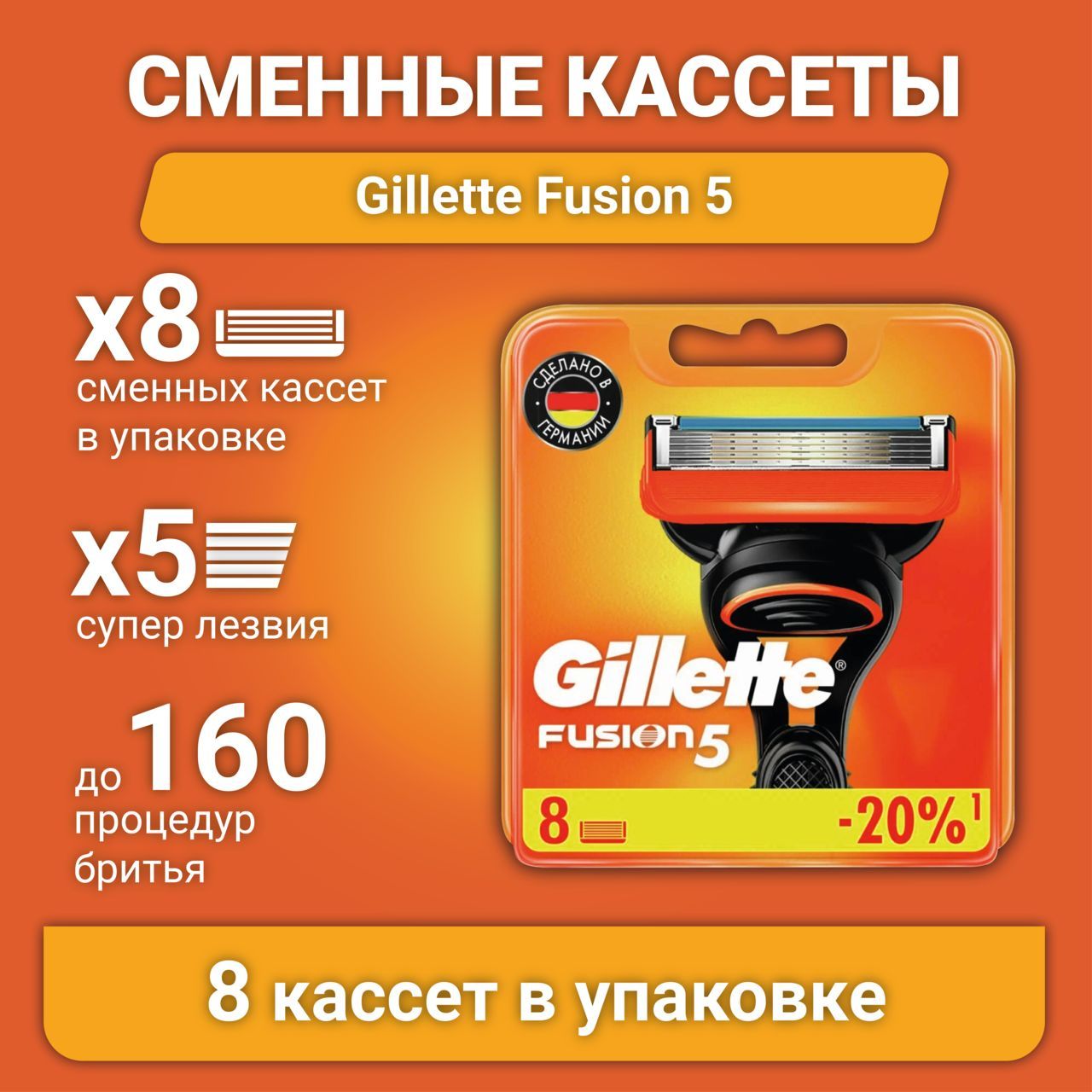 СменныекассетыGilletteFusion58шт-ЛезвияFusion5длябритвы