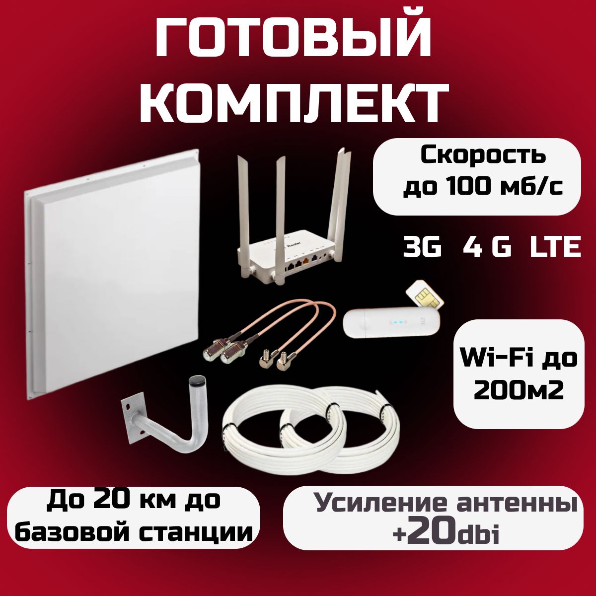 Антенна для модема усиление сотовой связи и интернета, усилитель wifi сигнала с 4G антенной Kroks MIMO 2*2 20dBi + 4G модем + WiFi роутер и сим-карта