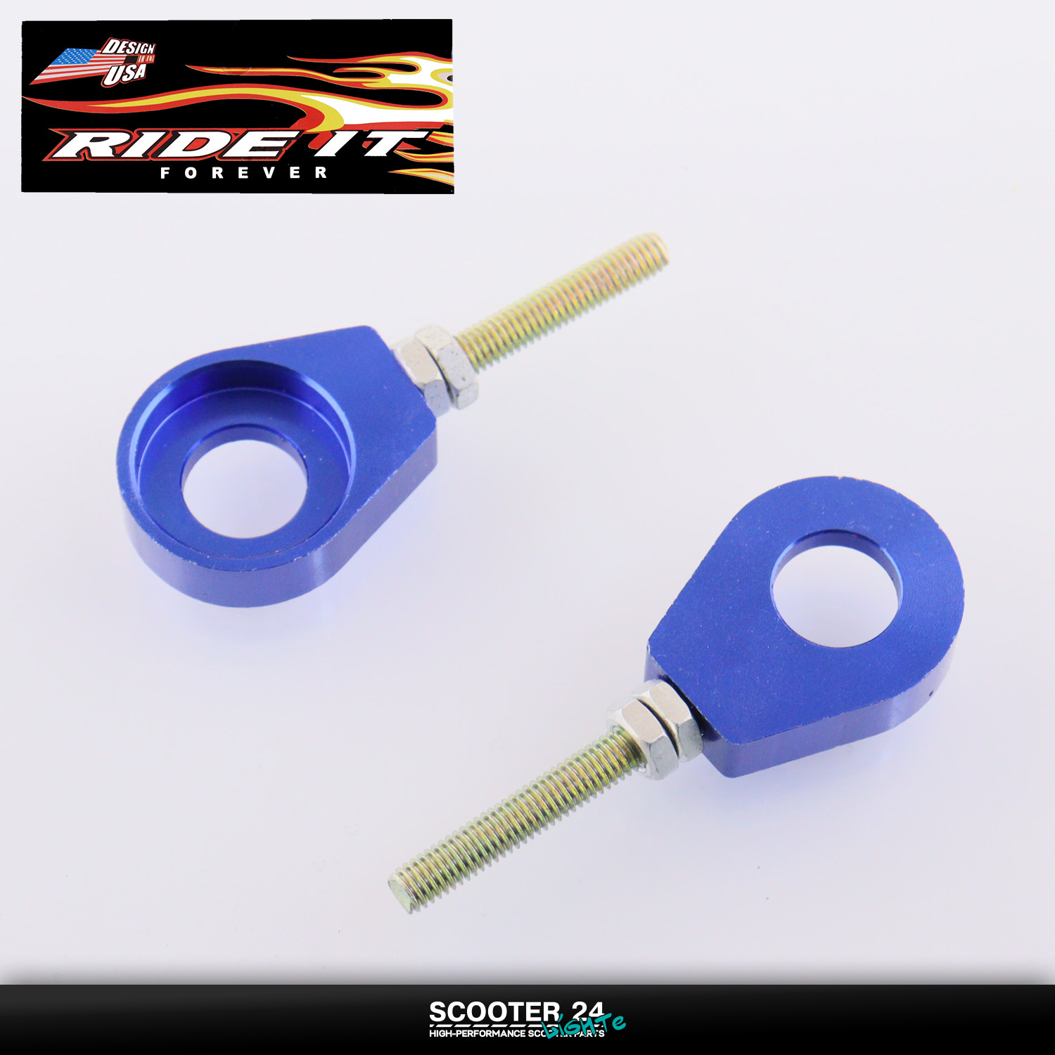 Натяжитель приводной цепи трансмиссии заднего колеза 12 мм (синий) "RIDE IT" на мотоцикл / питбайк универсальный
