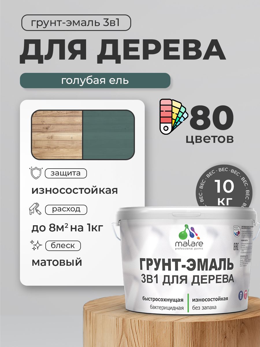 Акриловая Грунт-Эмаль 3 в 1 Malare для деревянных поверхностей с антисептическим эффектом, быстросохнущая, моющаяся без запаха матовая, голубая ель, 10 кг
