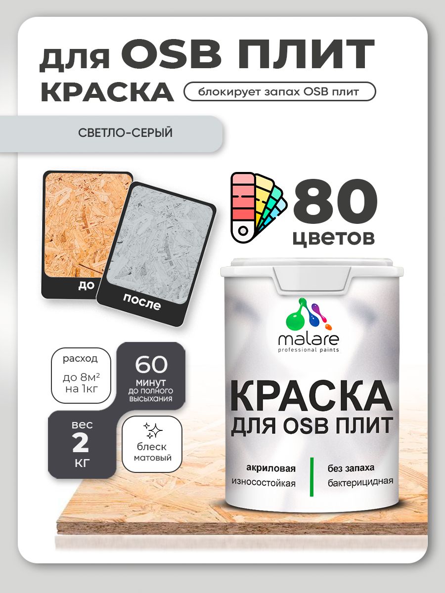 Акриловая краска для ОСБ плит Malare для дерева для наружных и внутренних работ, быстросохнущая без запаха матовая, светло-серый, 2 кг
