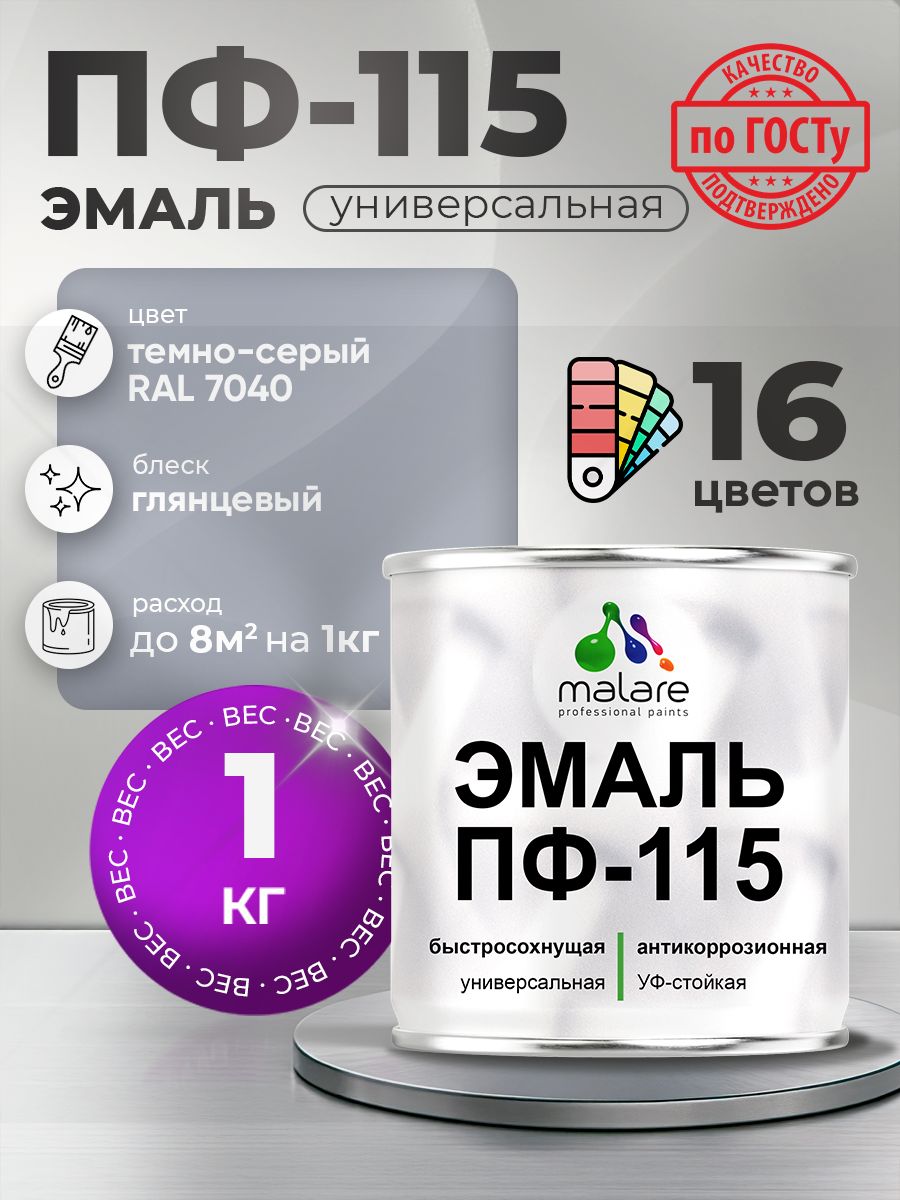 Эмаль Malare ПФ-115 краска для металла по дереву для минеральных поверхностей для внутренних и наружных работ антикоррозионная быстросохнущая, RAL 7040, темно-серый, глянцевая, 1 кг