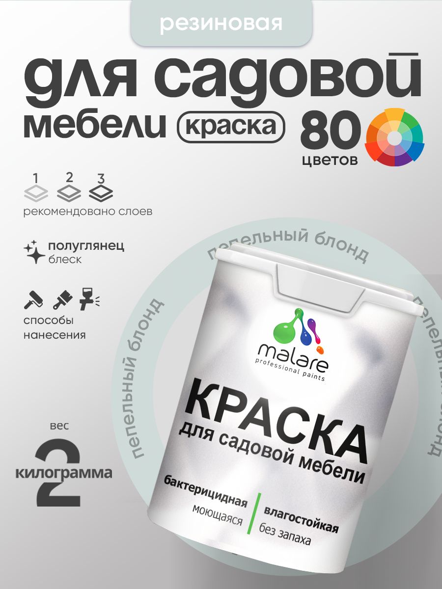Резиновая краска Malare для садовой мебели/ по дереву, для наружных и внутренних работ/ быстросохнущая моющаяся без запаха полуглянцевая, пепельный блонд, 2 кг