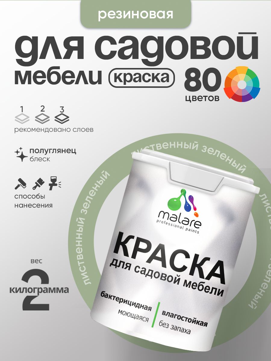 Резиновая краска Malare для садовой мебели/ по дереву, для наружных и внутренних работ/ быстросохнущая моющаяся без запаха полуглянцевая, лиственный зеленый, 2 кг
