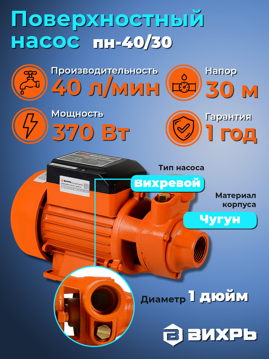 Насосдляводыповерхностный40л/мин,370ВтВихрьПН-40/30