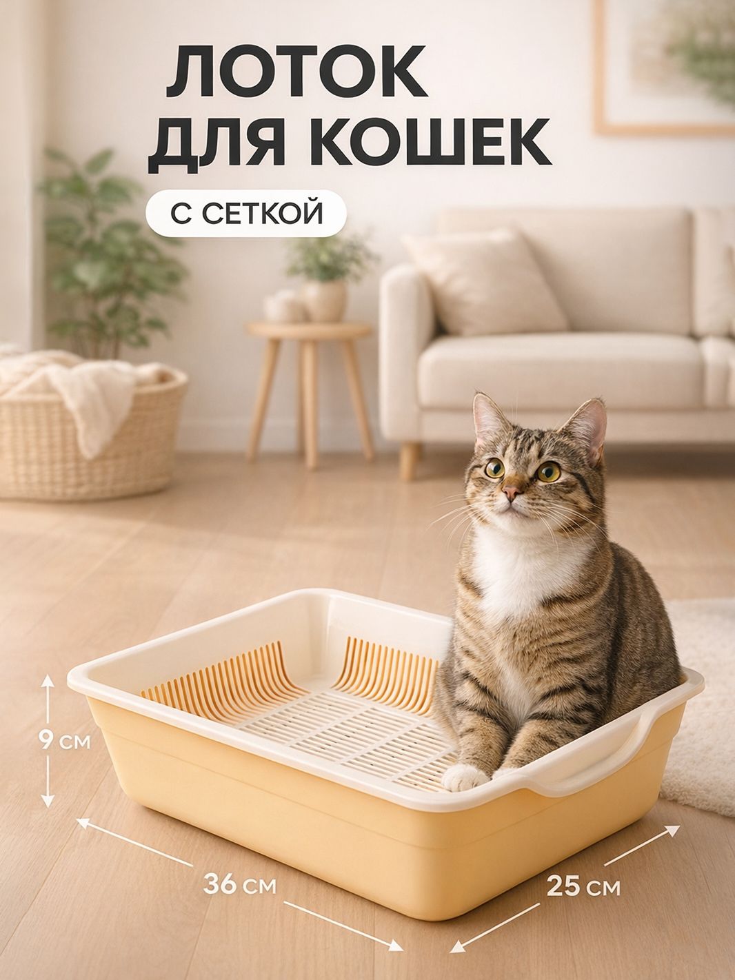 Лоток для кошек глубокий, туалет с сеткой, 36 х 25 х 9 см, бежевый