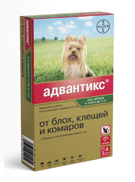 Bayer АДВАНТИКС Капли для щенков и собак до 4кг от блох, клещей и ...