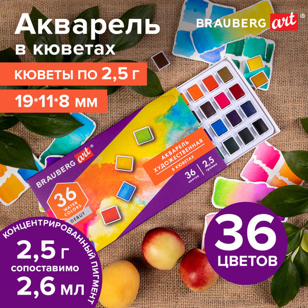 Акварель художественная в кюветах Набор 36 цветов по 2,5 г, Brauberg ...
