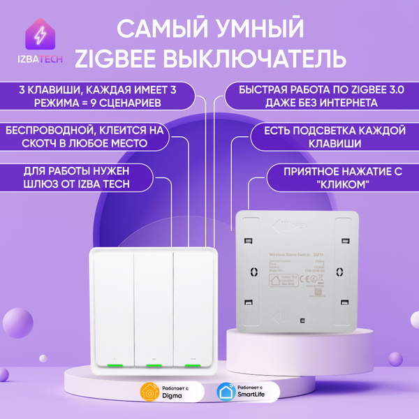 Умный беспроводной трехклавишный выключатель Zigbee на батарейках ...