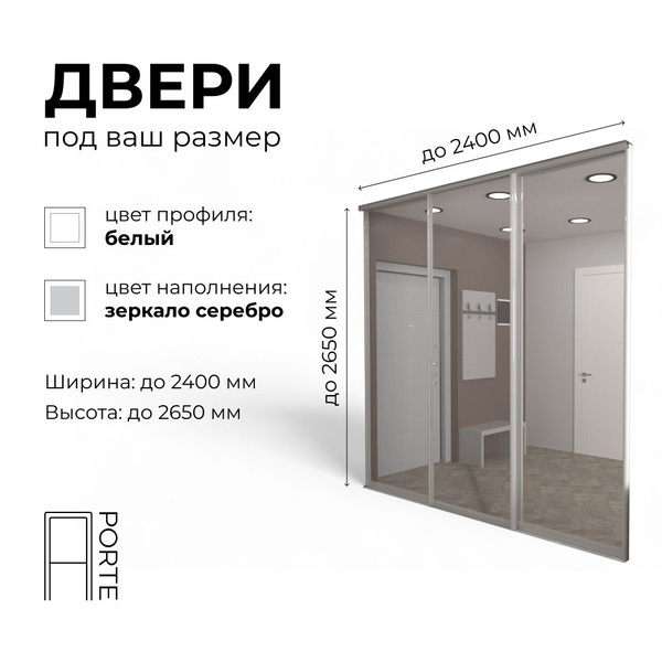 Дверь купе для гардеробной АП-PORTE 3 створки профиль белый зеркало ...