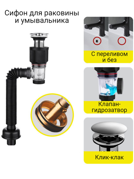 Сифон для раковины и умывальника с донным клапаном клик-клак - купить ...