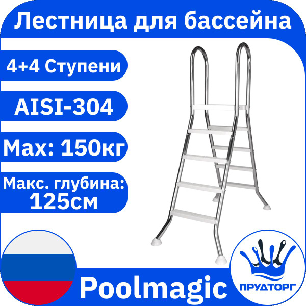 Лестница для бассейна двусторонняя Poolmagic 4+4 ступени из нержавеющей ...