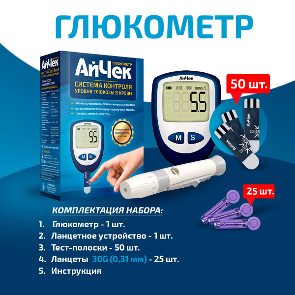Глюкометр АйЧек "iCheck" (тест-полоски №50, ланцеты №25, ручка ...