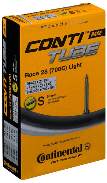 Велокамера облегченная CONTINENTAL, Race LIGHT 28" (вентиль Presta 60мм ...