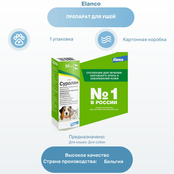 Препарат для ушей Elanco Суролан капли для кошек и собак, лечение ...