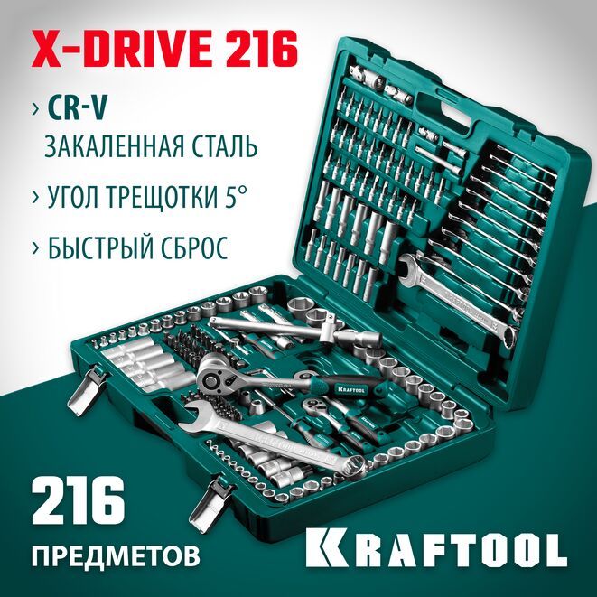 УниверсальныйнаборинструментаKRAFTOOLXdrive216предм.(1/2"+3/8"+1/4")27888-H216