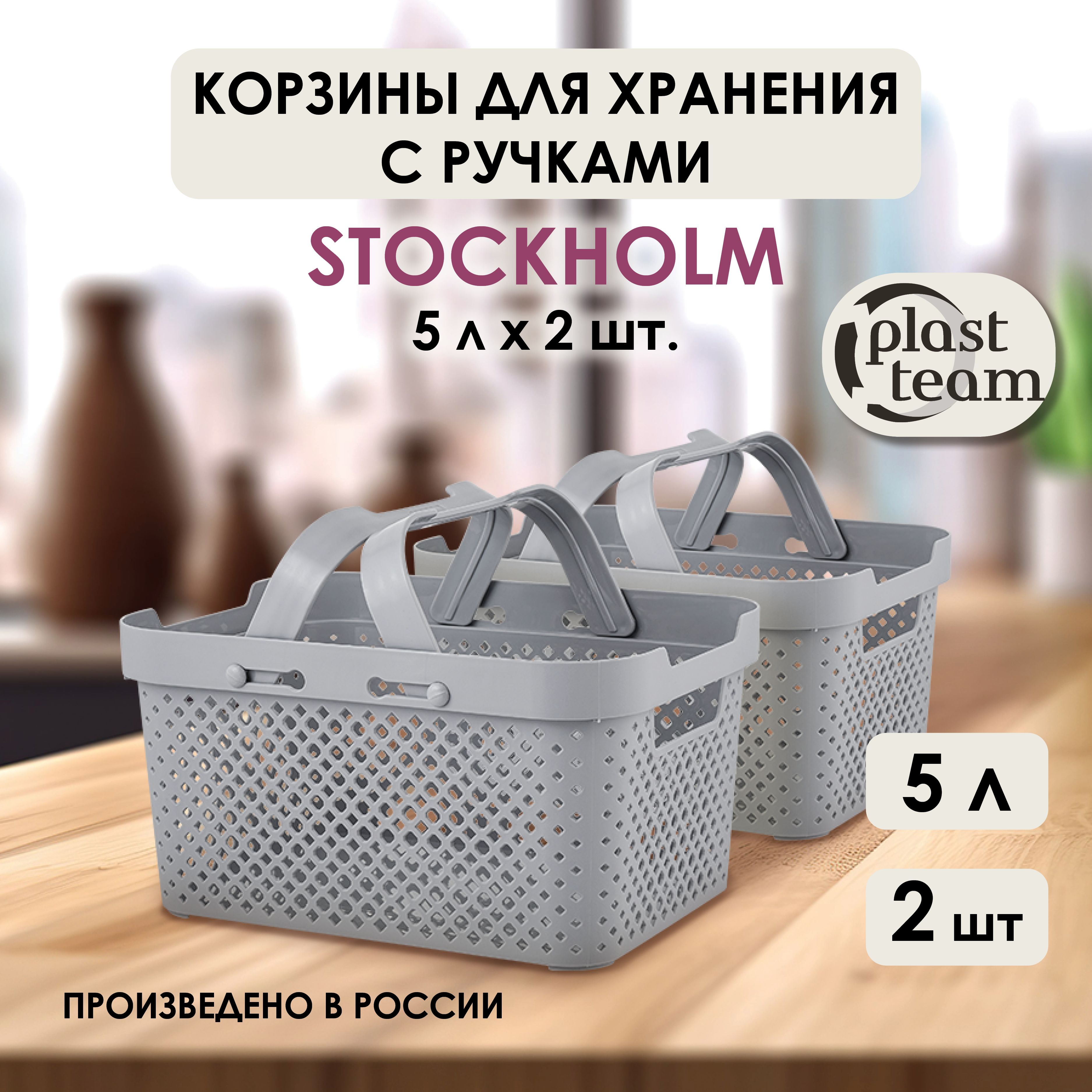 Корзины для хранения с ручками 2 шт, 5 л Plast Team Stockholm, серый шторм, органайзер для мелочей