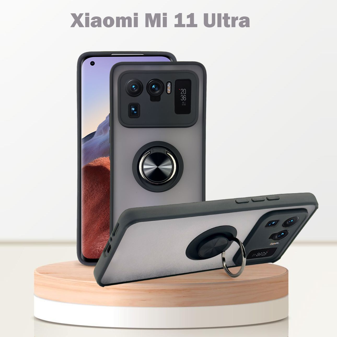 ЧехолдляXiaomiMi11Ultra,скольцом,защитакамеры,подставка,черный