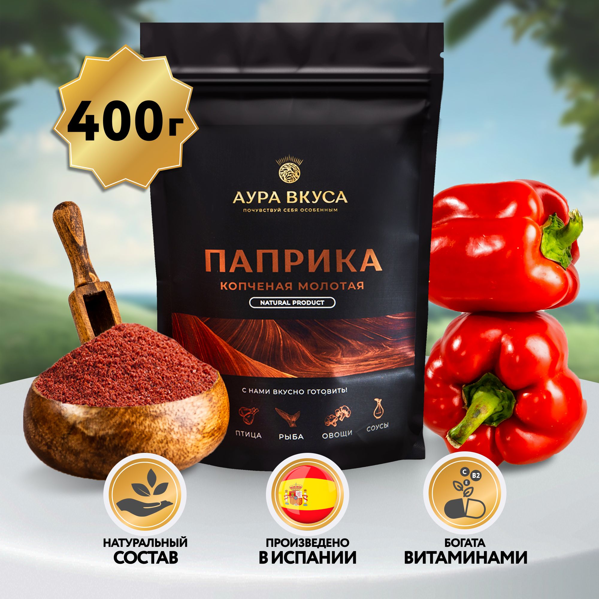 Паприка красная копченая сладкая молотая натуральная 400г, Испания, Аура  вкуса. Венгерская, Испанская, Мексиканская кухня, для мяса, маринада, соуса.