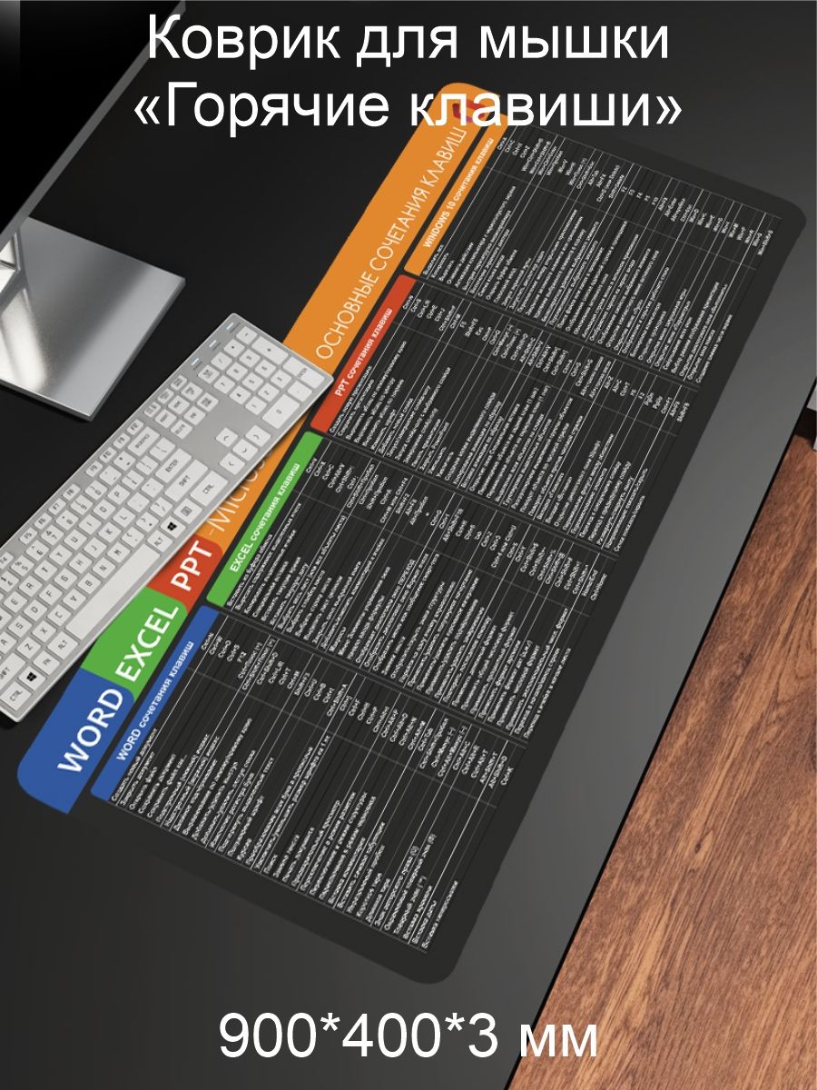 ИгровойковрикдлямышкинарабочийстолподклавиатурудлякомпьютерасгорячимиклавишамииполезнымиподсказкамидляMicrosoftOffice(Офис),большой900х400х3мм
