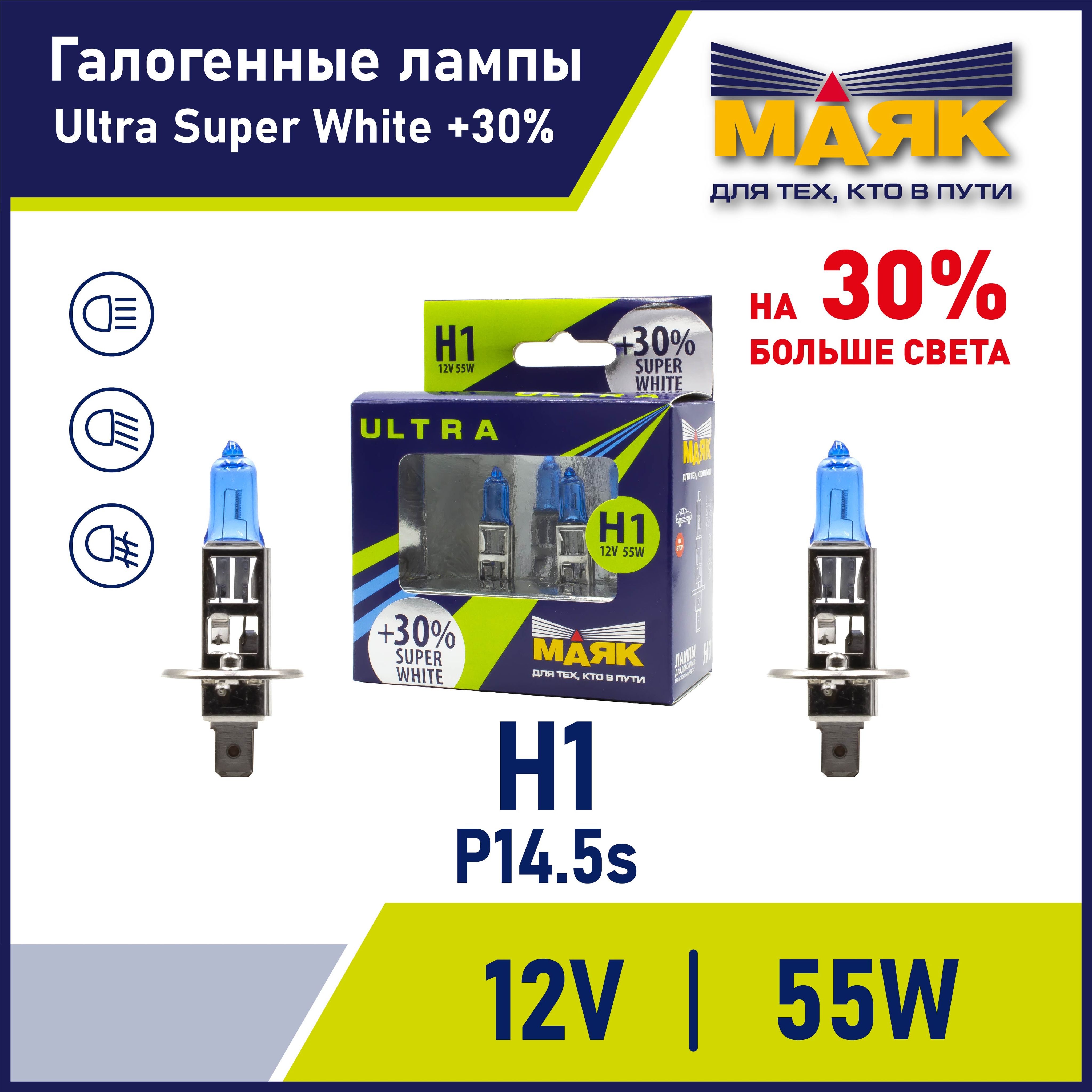 Лампа H1 автомобильная галогенная 12V 55W P14,5s Super White +30% "Маяк" ULTRA, 2 шт.