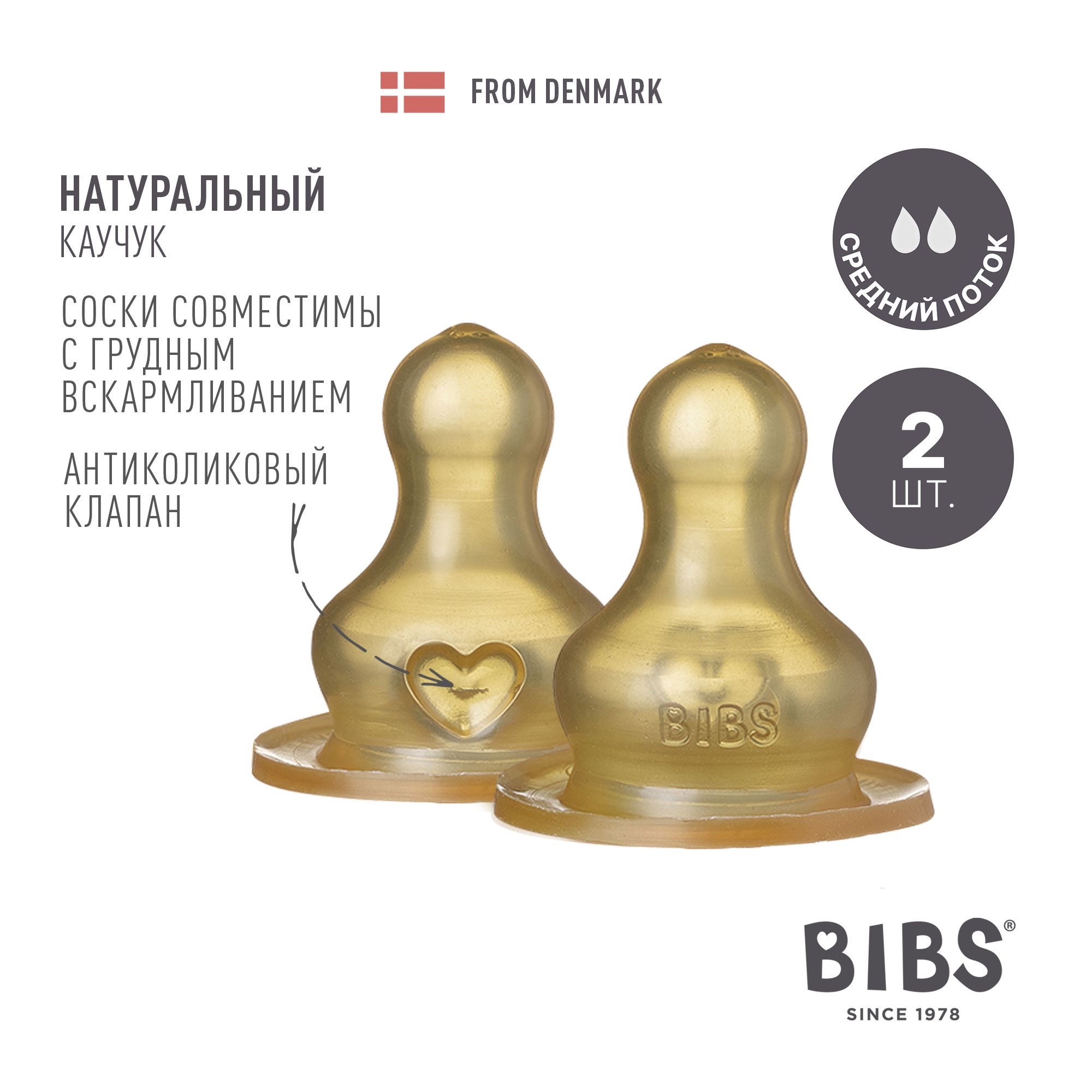 Соска для бутылочки средний поток (2шт) BIBS Bottle Nipple 2 PACK Medium Flow - Latex