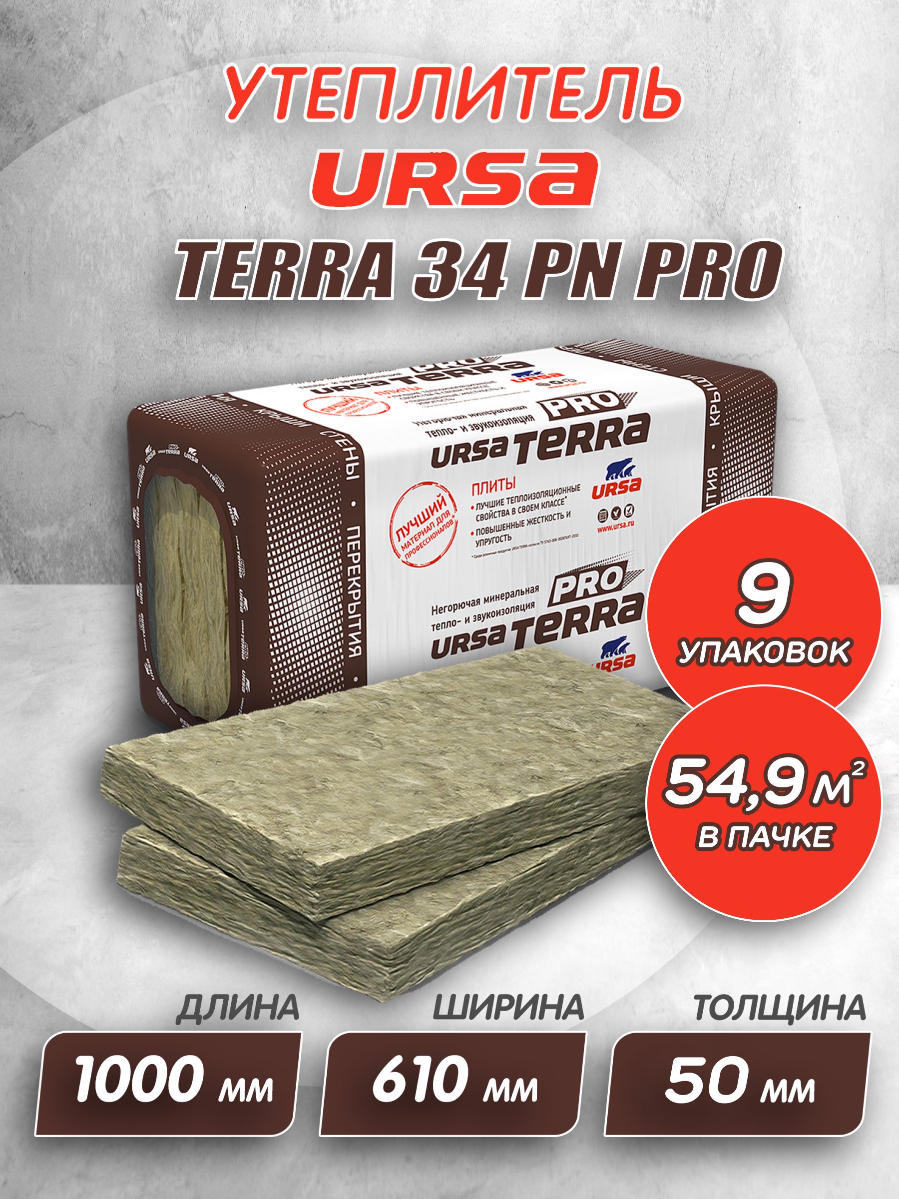 УтеплительдлястеникрышиURSATERRA34PNPRO50мм9шт54,9м2