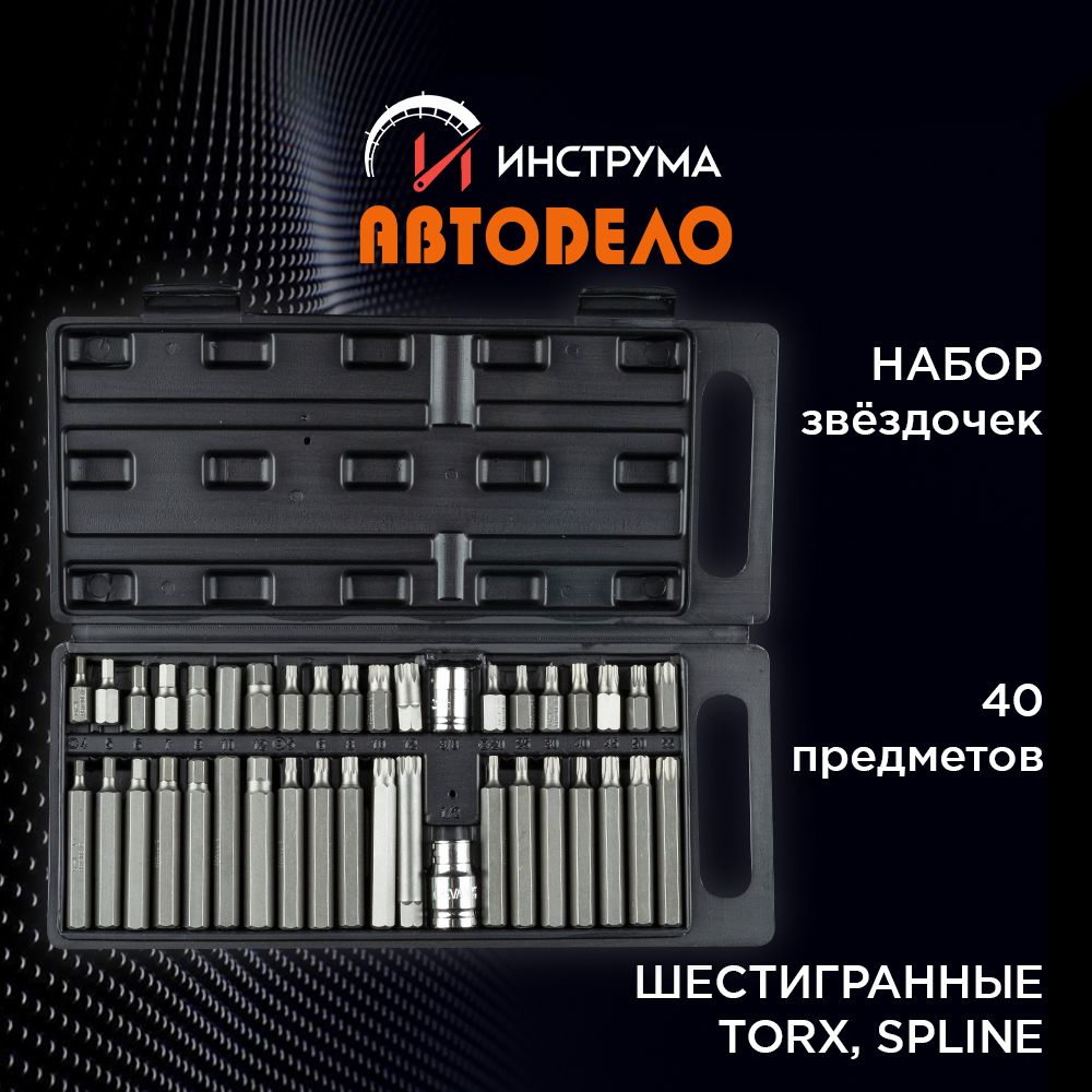 Наборинструментовбит/звездочек/вставокTORXТ20-Т50,SPLINE,М5-М12,шестигранныеHEXН4-Н12,40предметов,(АвтоDело)АВТОДЕЛО,40640