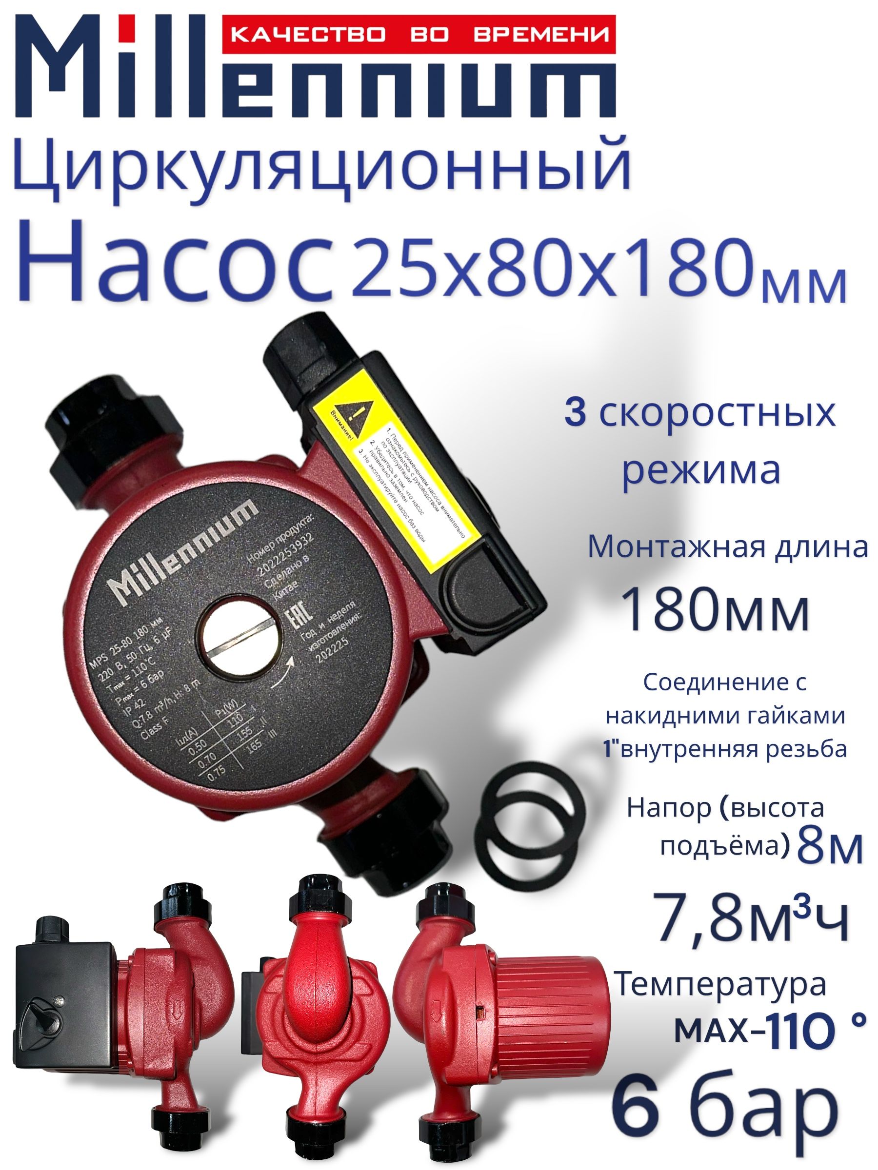 Насос циркуляционный Millennium MPS 25х80х180мм